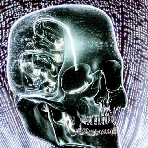 Image similar to extremely detailed portrait of a terminator's head, packed with cybernetics and and borg enhancements and has lit optic fibers inside. In a forest with bokeh. No plating, only frame of skull.