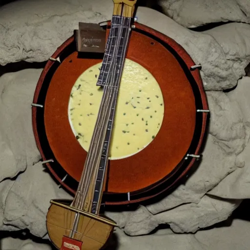 Prompt: a banjo made out of cheese in a vast cave lit by torchlight