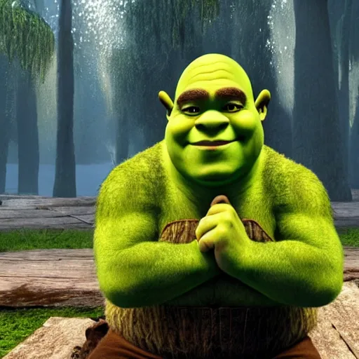 Image similar to shrek really upset and crying lots, with a swamp behind him