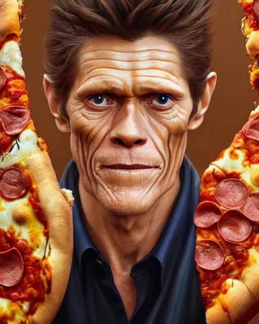 Image similar to portrait of willem dafoe looking at pizza, upper half portrait, decorated with chinese opera motifs, asian, bian lian, traditional chinese art, intricate, elegant, highly detailed, symmetry, digital painting, artstation, concept art, smooth, sharp focus, illustration, art by artgerm and greg rutkowski and alphonse mucha, 8 k
