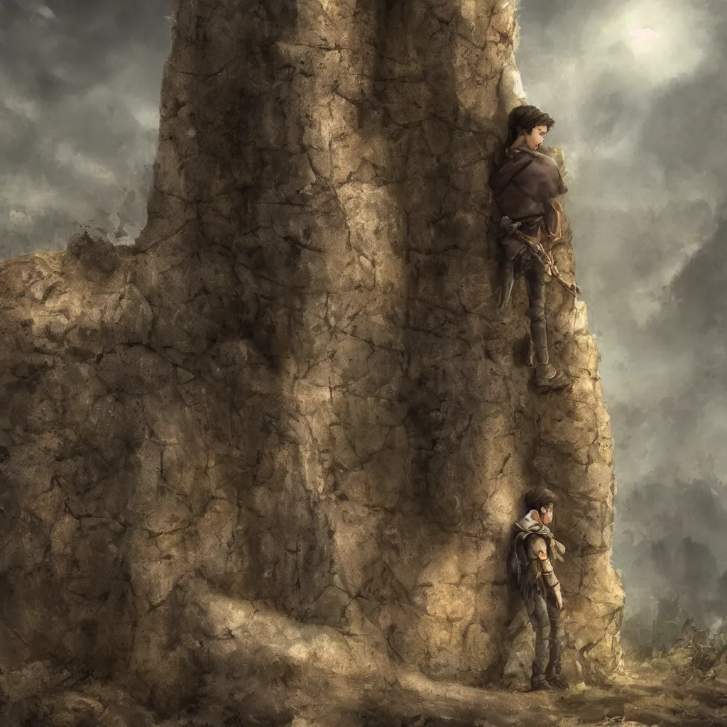 Image similar to a teenage boy standing before a stone wall, fantasy concept art, cinematic framing, cinematic lighting, movie poster art, digital art, intricately detailed, blockbuster movie art, cinematic framing
