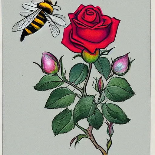 Image similar to a beautiful illustration of a rose with a bee sitting on it like maja the bee