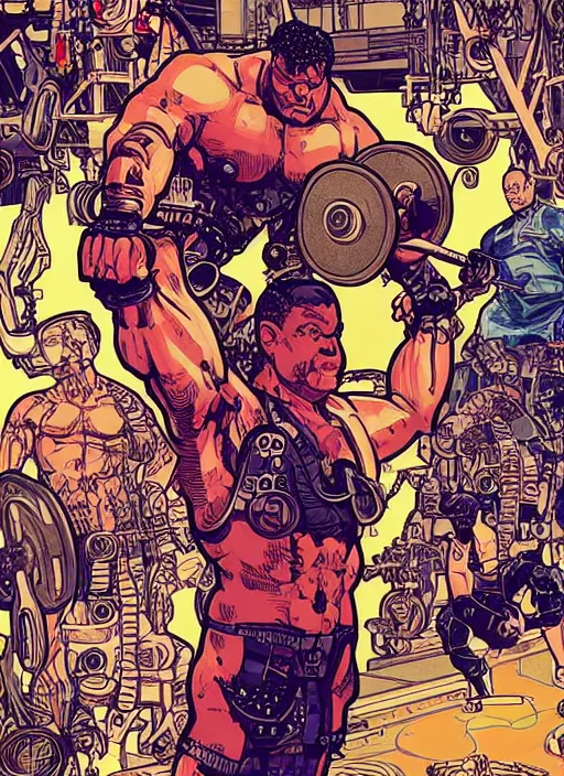 Image similar to buff cyberpunk weight lifter. robotic arm. portrait illustration, pop art, splash painting, art by geof darrow, ashley wood, alphonse mucha, makoto shinkai, laurie greasley, josan gonzales ( apex legends )