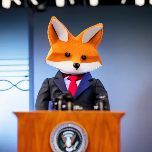 Image similar to a fox animal dressed in a suit giving a presidential press conference, 8 5 mm f / 1. 4