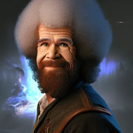 Image similar to a portrait of a Bob Ross as a warlock ,Grim fantasy, D&D, HDR, natural light, shoulder level shot, dynamic pose, award winning photograph, Mucha style 4k,