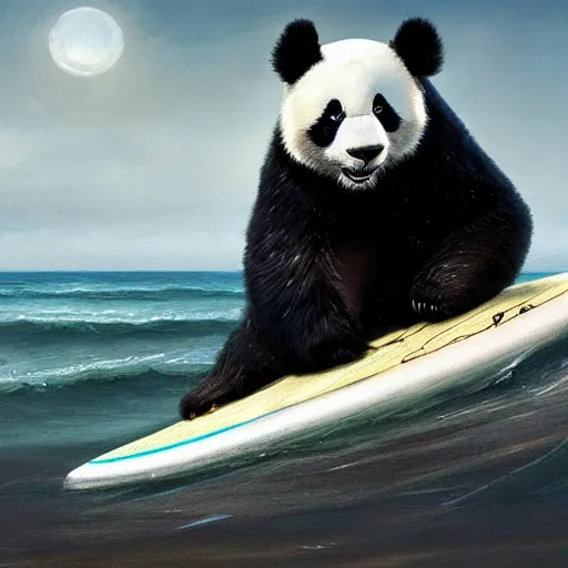 Image similar to a panda on a surf board, high detail, dramatic light, digital art, painted by seb mckinnon, painted by greg rutkowski, trending on artstation