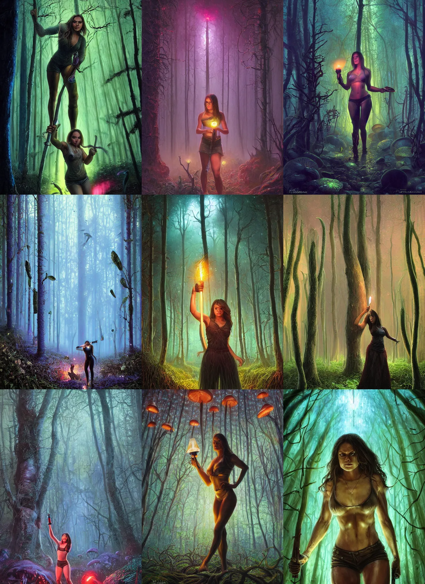 Prompt: muscled Mila Kunis holding a torch in a foggy neon lighted mushroom forest, rainbox fireflies, misty bokeh, long shadows, creepy creatures hiding, Donato Giancola, Mark Brooks, Ralph Horsley, Charlie Bowater, Artgerm, Christopher Balaskas, Bastien Lecouffe-Deharme