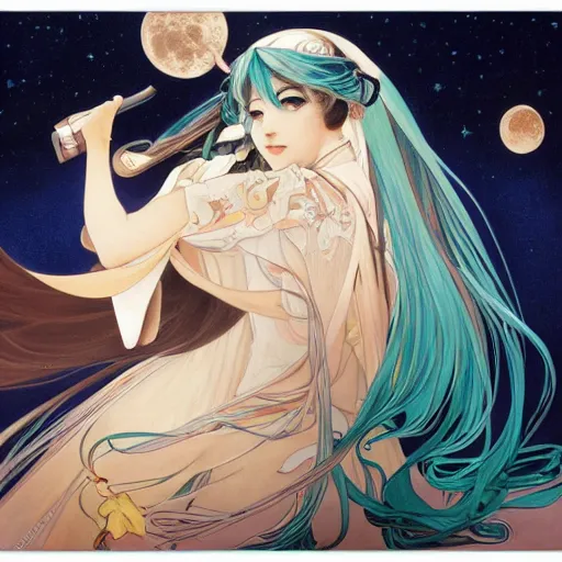 Prompt: Une superbe!! Hatsune Miku, sous la pleine lune,, par Manara et Ryan JiaAlphonse Mucha et Steve McCurry. Très détaillé, peinture à l'huile