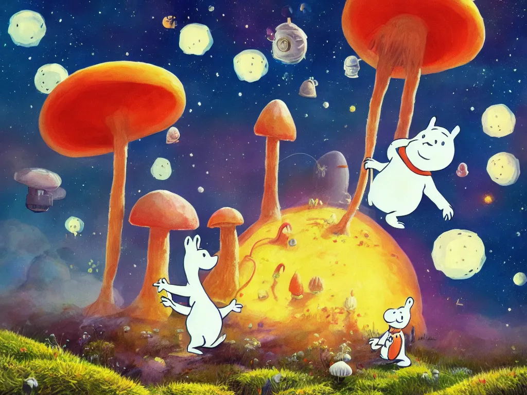 Prompt: moomins in a space suit discovering the mushroom planet, looking cute, photorealistic painting, movie still, warm colors, fluffy, cozy, low light, trending on artstation