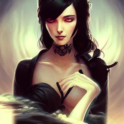 Prompt: Elegant woman with black hair, smoke around her, high detail, concept art background by john harris + andreas rocha, artwork by charlie bowater + artgerm + anato finnstark + ross tran