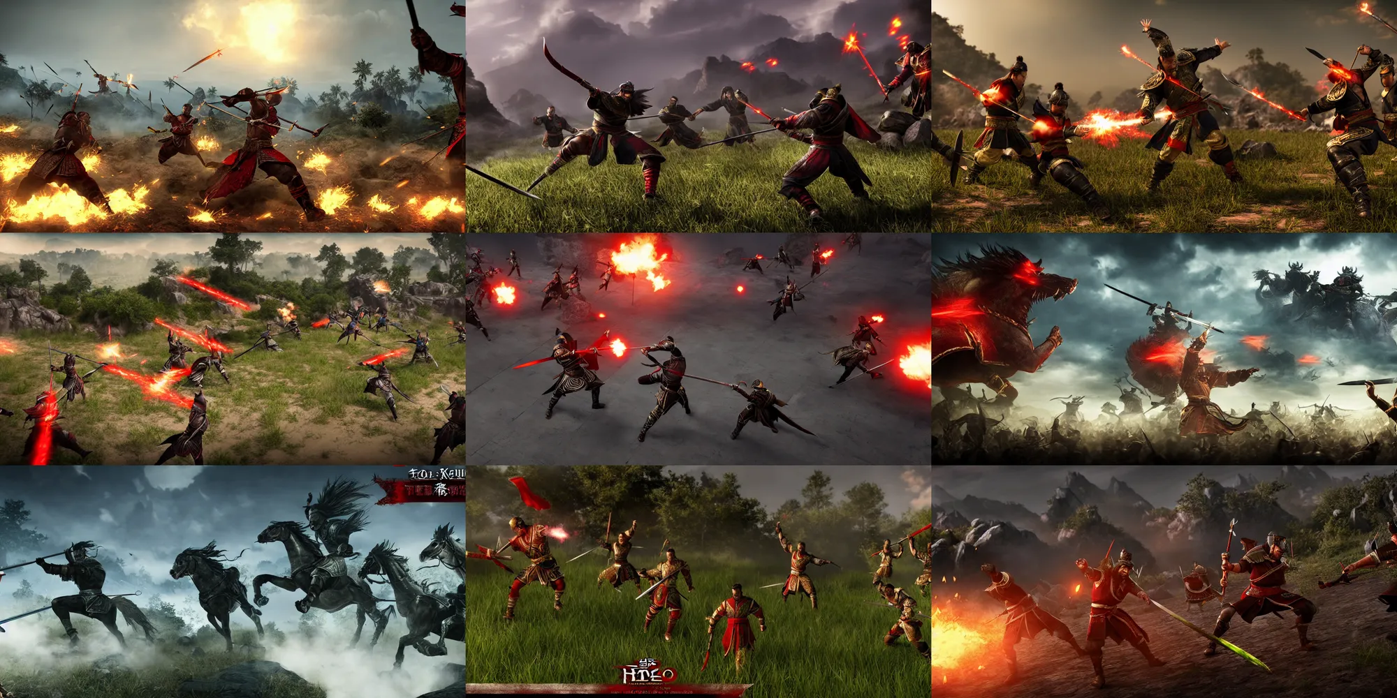 Prompt: epic battle screen of hero, total wars three kingdoms, 3 d, 8 k realistic, cryengine, playstion 5 screen, cinematic lighting