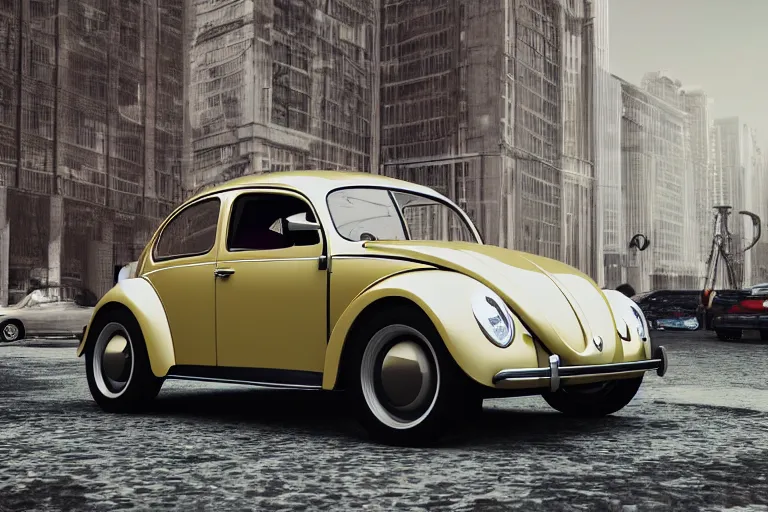 Prompt: 1 9 3 8 model vw beetle concept art in a city centre, octane render, unreal engine 5, trending on artstation, high quality, 8 k, soft lighting, path traced, hyperrealistic, highly detailed, digital art, symmetrical, cinematic, high coherence, godrays