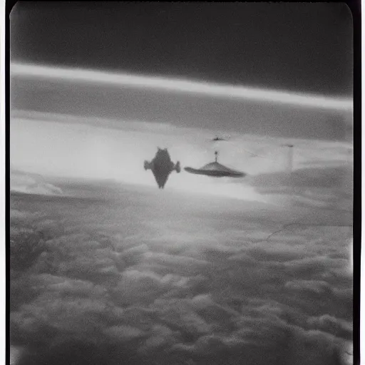 Prompt: alien spacecraft seen from airplane passenger window,real Polaroid photo