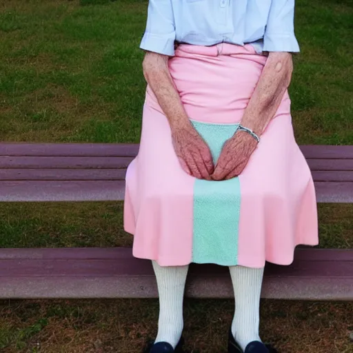 Image similar to old man wearing pastel stockings and skirt, gender non - conforming, elderly feminine man