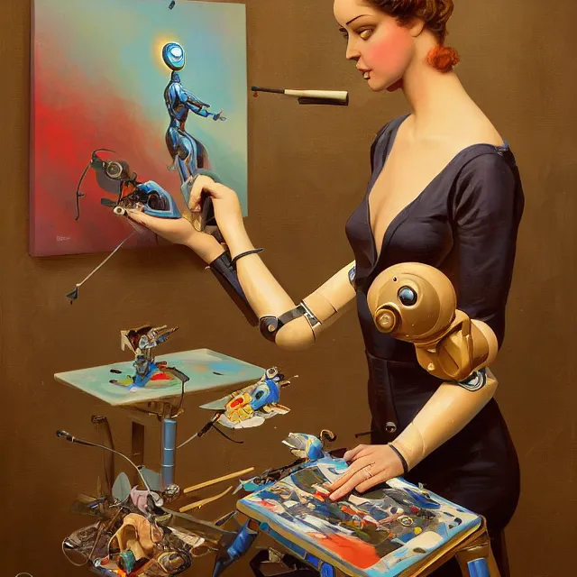 Image similar to robot artist painting a self - portrait on a canvas. intricate, highly detailed, digital matte painting in the style of gil elvgren and in the style of h. r. giger and in the style of sachin teng. irony, recursion, inspiration.