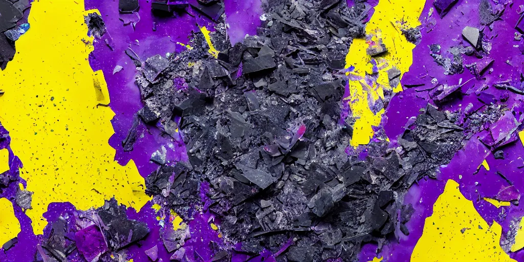 Image similar to solidified dark purple and yellow paint shattered into pieces and clustered together, abstract, hd, 4k, sculpture, photograph