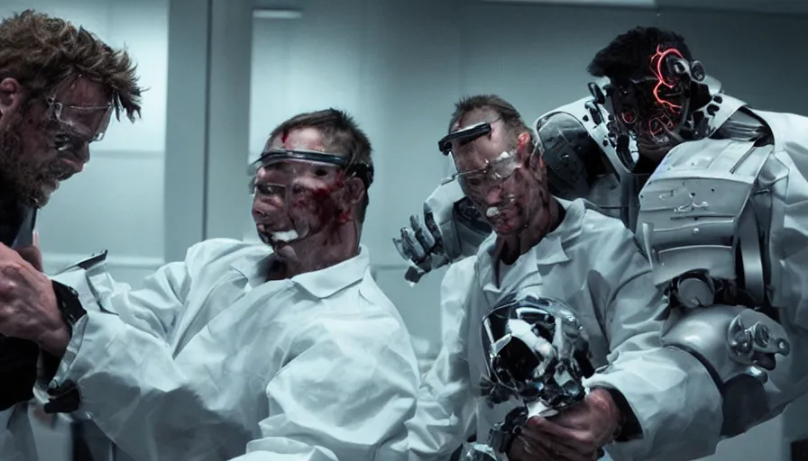 Image similar to big budget action movie about science lab, where a battle cyborg bloodily rips off a scientist's head