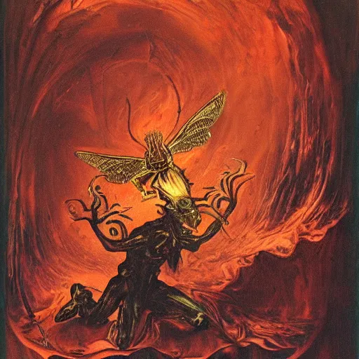 Image similar to hornet headed demon in a Dante’s inferno hellscape, molten, reflections, flames, shadows, intricate detail, famous painter,