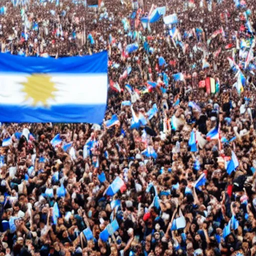 Image similar to Lady Gaga as president, Argentina presidential rally, Argentine flags behind, bokeh, giving a speech, detailed face, Argentina