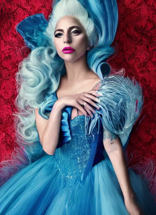 Image similar to lady gaga photohoot artpop disney princess, vogue magazine, fairytale, Highly realistic. High resolution. Highly detailed. Dramatic. 8k.4k.