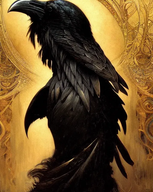 Image similar to goddess of ravens, unusual beauty, emotionally evoking symbolic metaphors, head in focus, fantasy, ornamental, intricate, elegant, sensual, highly detailed digital painting, artstation, concept art, painterly, golden ratio, sharp focus, illustration, art by Artem Demura and Rafael and Alphonse Mucha and Albert Aublet