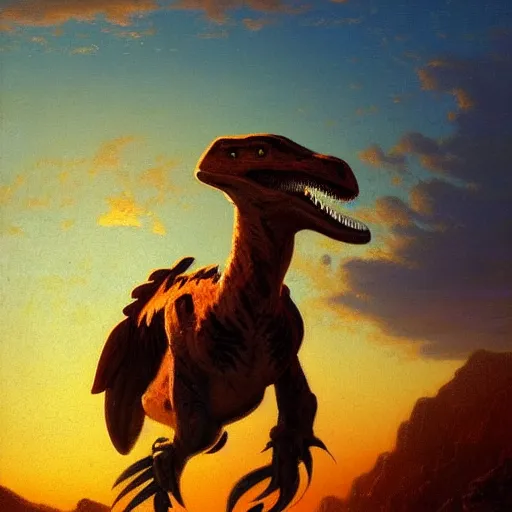 Image similar to a cowboy riding a utahraptor at sunset by Alfred Bierstadt, oil painting, highly detailed, artstation