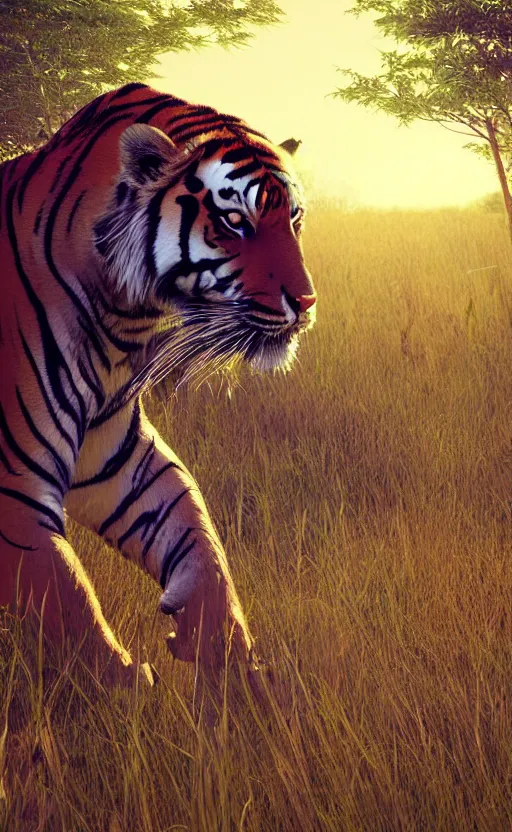 Prompt: tiger preying from behind tall grass, volumetric lighting, early morning, 3d liminal grainy surreal aesthetic illustration, highly detailed, soft render