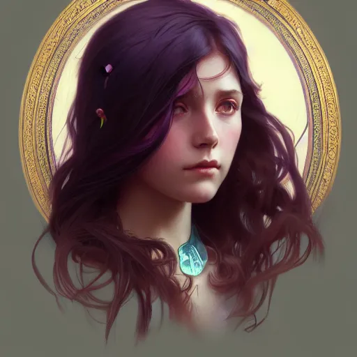 Image similar to portrait of a young girl with a dark purple parrot, upper body, long hair, intricate, elegant, highly detailed, digital painting, artstation, concept art, matte, sharp focus, illustration, art by artgerm and greg rutkowski and alphonse mucha