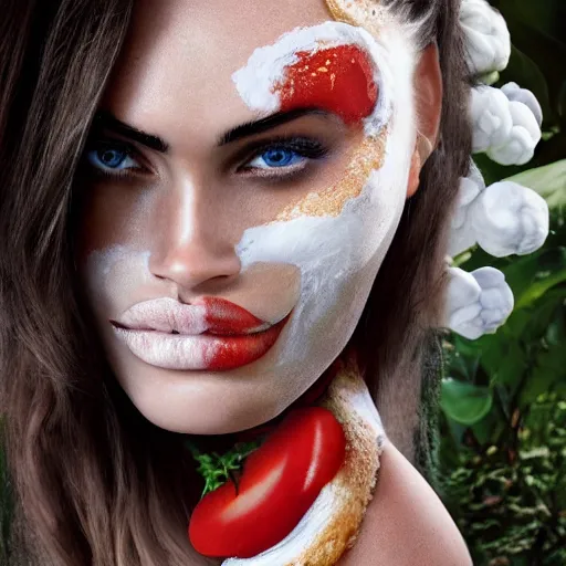 Image similar to mayonnaise in the shape of a human face, human face made out of mayonnaise, megan fox made out of mayonnaise!!!!!, white face paint, professional food photography, unreal engine, by giuseppe arcimboldo