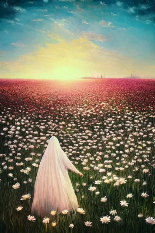 Image similar to giant white daisy flower on head, veiled girl walking in a flower field, surreal photography, sunrise, dramatic light, impressionist painting, colorful clouds, digital painting, artstation, simon stalenhag