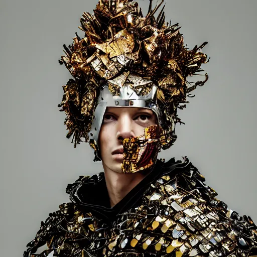 Prompt: a portrait of a beautiful young male wearing an alexander mcqueen armor made of garbage, photographed by andrew thomas huang, artistic