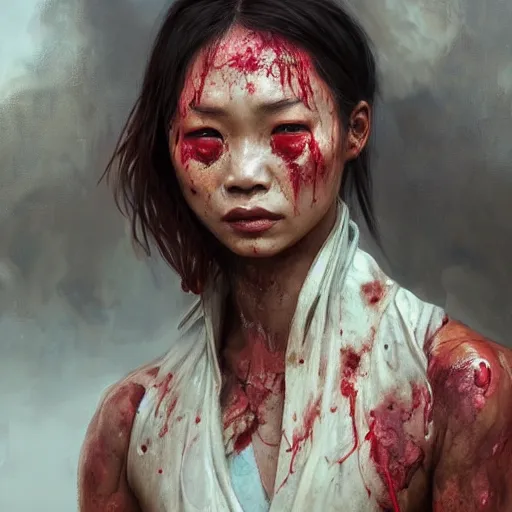 Prompt: portrait painting of a bloodied indonesian female butcher, ultra realistic, concept art, intricate details, eerie, highly detailed, photorealistic, octane render, 8 k, unreal engine. art by artgerm and greg rutkowski and alphonse mucha