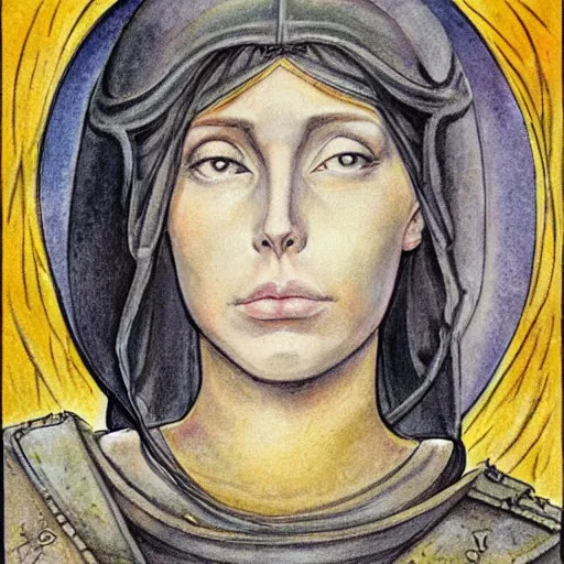 Image similar to beautiful face jeanne d'arc in the style of william blake, terese nielsen, isolde