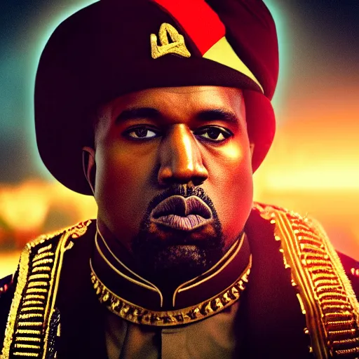 Image similar to kanye west as muammar kadhafi and emperor napoleon, splash art, movie still, detailed face, cinematic lighting, dramatic, octane render, long lens, shallow depth of field, bokeh, anamorphic lens flare, 8 k, hyper detailed, 3 5 mm film grain