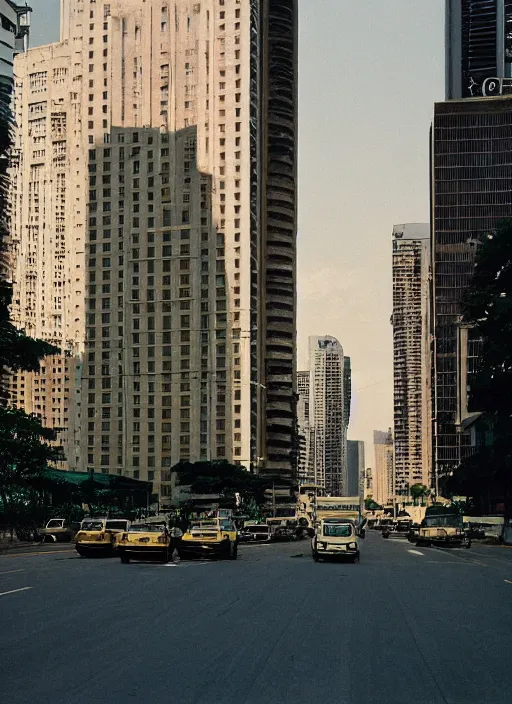 Image similar to minimalist street photography by wes anderson and by ansel adams, singapore cbd, portra 4 0 0, intense shadows, warm hue, golden hour