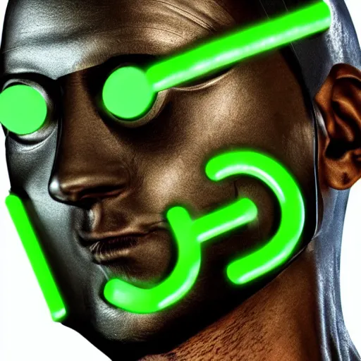 Image similar to man wearing a metal mask with thin green tubes all over his body hyperdetailed, realistic, high - resolution illustration that slightly looks like a comic character