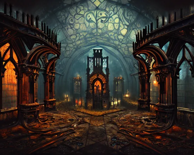 Image similar to steam necropolis, memento mori, gothic, neo - gothic, art nouveau, hyperdetailed copper patina medieval icon, stefan morrell, philippe druillet, ralph mcquarrie, concept art, steampunk, unreal engine, detailed intricate environment, octane render, moody atmospherics, volumetric lighting, ultrasharp, ominous, otherworldly