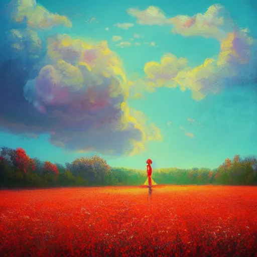 Image similar to large red flower afro, full body, girl walking in the middle of a field with flowers, surreal photography, hills, sunrise dramatic light, impressionist painting, colorful clouds, digital painting, pointillism, artstation, simon stalenhag