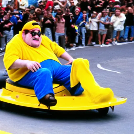 Prompt: Gérard Depardieu as Wario, yellow overall, yellow cap, the letter W, in a kart