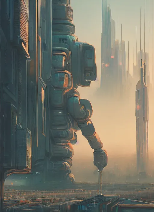 Image similar to a painting of a giant robot standing in front of a city, cyberpunk art by mike winkelmann, behance contest winner, nuclear art, dystopian art, apocalypse art, sci - fi