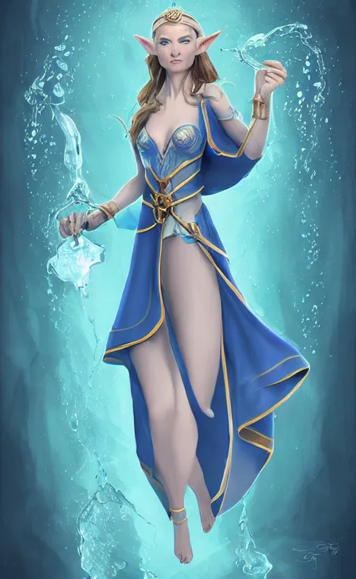 Image similar to elf female sorcerer doing water magic spells, blue robes, exquisite details, full body character design on a white background, by studio muti