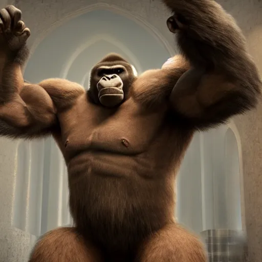 Image similar to big gorilla man terroizing church, 8k cinematic lighting, very sharp detail, anatomically correct