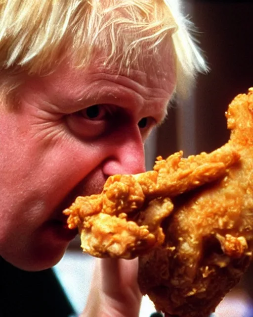 Image similar to film still close - up shot of boris johnson eating fried chicken from the movie monty python's the meaning of life. photographic, photography