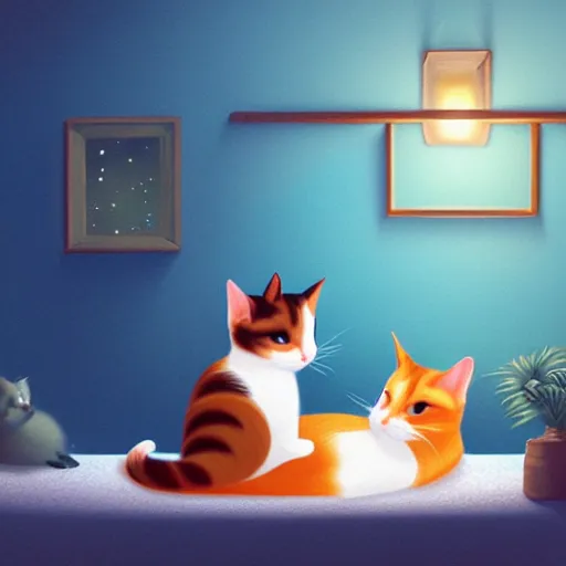 Image similar to two cute calico cats sleeping inside a cozy home in the evening, two multi - colored calico cats, artstation, cgsociety, storybook art