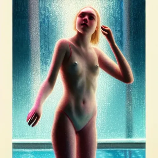 Image similar to Elle Fanning swimming at night in the world of Edward Hopper, stormy snowy weather, extremely detailed masterpiece, oil on canvas, low-key neon lighting, artstation, Blade Runner 2049, Roger Deakin’s cinematography, by J. C. Leyendecker and Peter Paul Rubens,