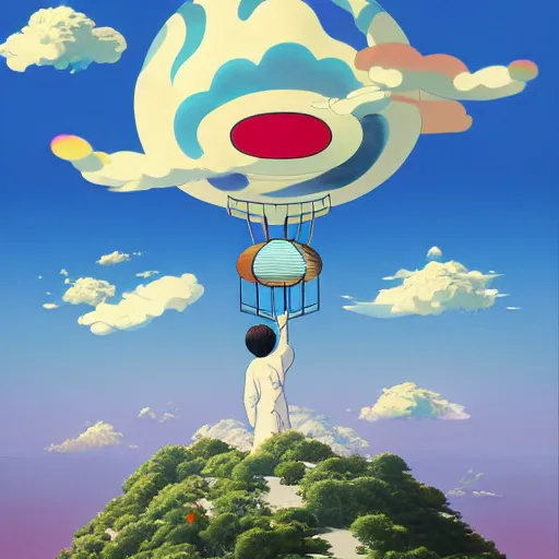 Image similar to a man walking on clouds above kyoto by takashi murakami, beeple and james jean, aya takano color style, 4 k, super detailed