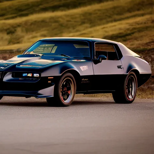 Image similar to black pontiac firebird trans - am driving towards the camera, mountain, valley, breathtaking mountains, lake, dynamic, sunrise, cinematic, motionblur, sunbeams, volumetric lighting, wide shot, low angle, large lightning storm