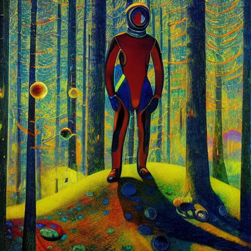 Image similar to psychedelic lush pine forest, space man, astronaut, outer space, milky way, designed by arnold bocklin, jules bastien - lepage, tarsila do amaral, wayne barlowe and gustave baumann, cheval michael, trending on artstation, star, sharp focus, colorful refracted sparkles and lines, soft light, 8 k 4 k