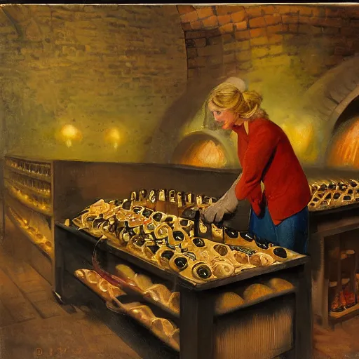 Image similar to hot blonde working in a wine cellar, food, pork, beer, schnapps, rustic, traditional, torches on the wall, delicate embellishments, painterly, offset printing technique, photographed on kodachrome by brom, robert henri, walter popp