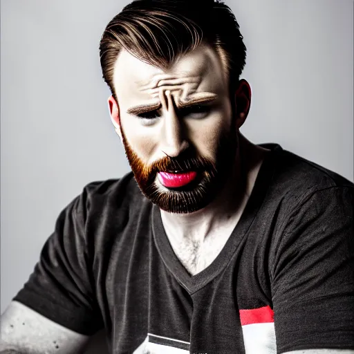 Image similar to Photo of Chris Evans, close-up, high detail, studio, ominous background, smoke, 85mm Sigma Art Lens